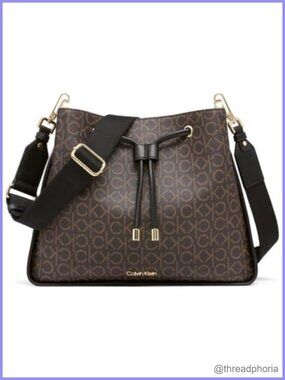 Calvin Klein Fay Drawstring Hobo Handbag Monogram PVC Adjustable Shoulder Bag